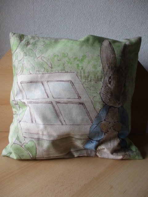 Beatrix Potter Pieter Konijn kussen  bij raam  40x40cm, Ophalen of Verzenden, Zo goed als nieuw