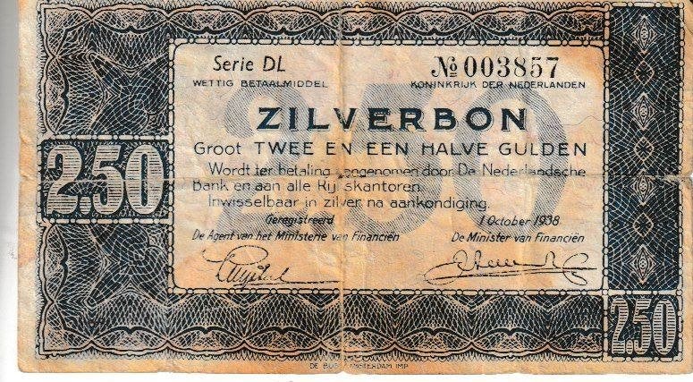 NEDERLAND - 1938 - ZILVERBON 2,50 GULDEN, Ophalen of Verzenden, 2½ gulden, Los biljet