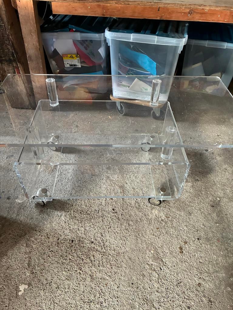 Transparante tv/salontafel op wielen - Plexiglas, Ophalen, Kunststof, Gebruikt, 50 tot 100 cm