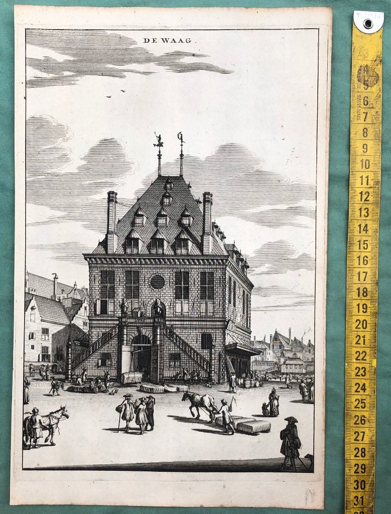 18e eeuw Amsterdam kopergravure van de Waag, Stadsgezicht, Ophalen of Verzenden, Gravure, Origineel