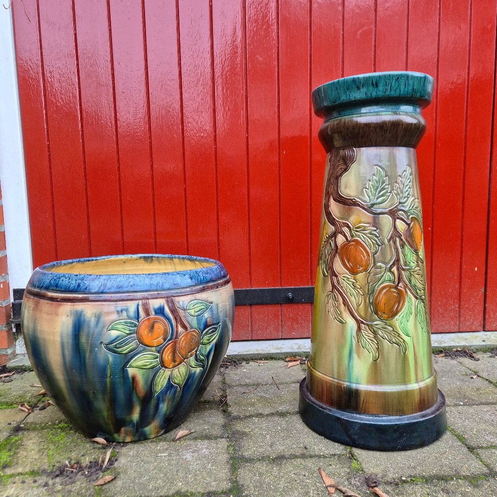 Grote Art Nouveau bloempot op zuil, pied de stal 93cm hoog, Antiek en Kunst, Antiek | Keramiek en Aardewerk, Ophalen