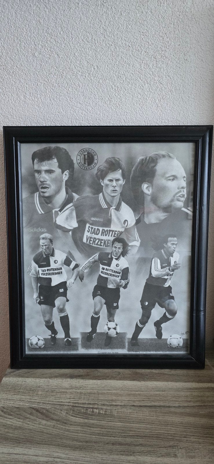 Tekening Feyenoord legendes jaren '90 - Ingelijst, Huis en Inrichting, Woonaccessoires | Schilderijen, Tekeningen en Foto's, Gebruikt