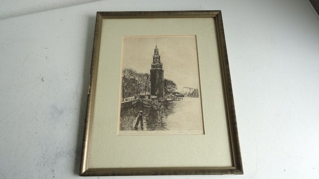 Ets Anton Franken - Montelbaanstoren Amsterdam, Antiek en Kunst, Ets, Stadsgezicht, Ophalen of Verzenden, 32 cm