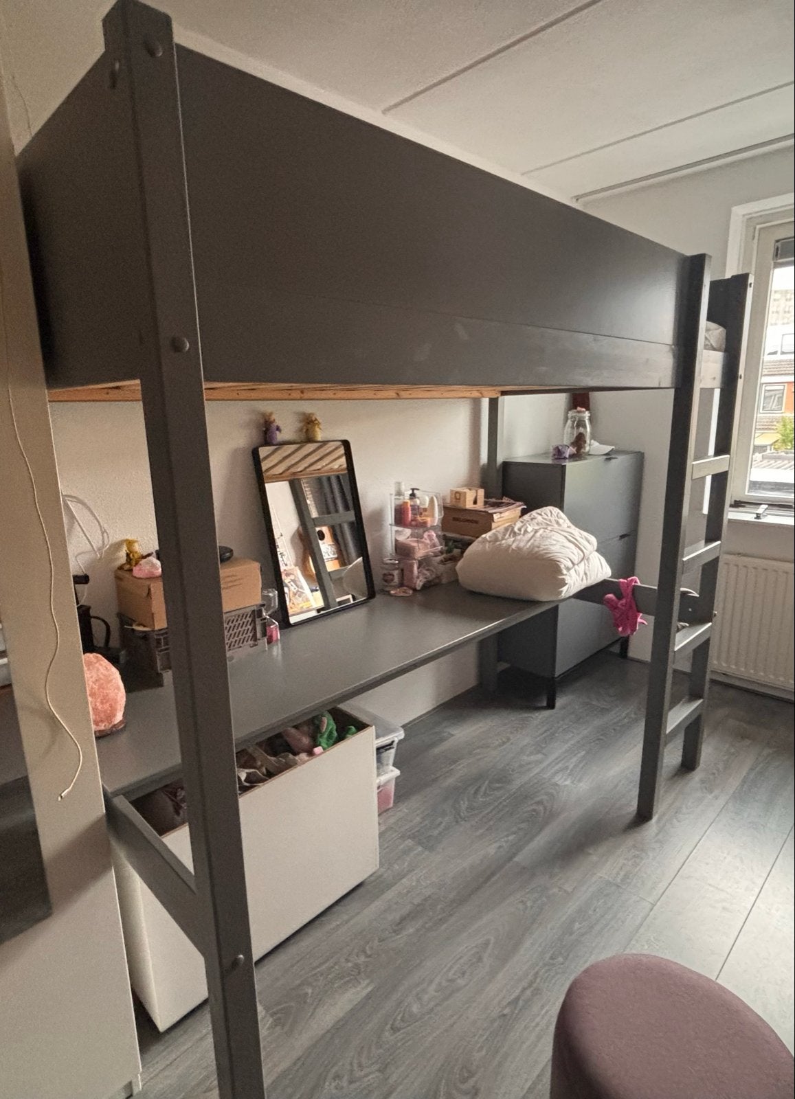 Hoogslaper bed met bureau - Grijs, Ophalen, Gebruikt, Eenpersoons, 200 cm