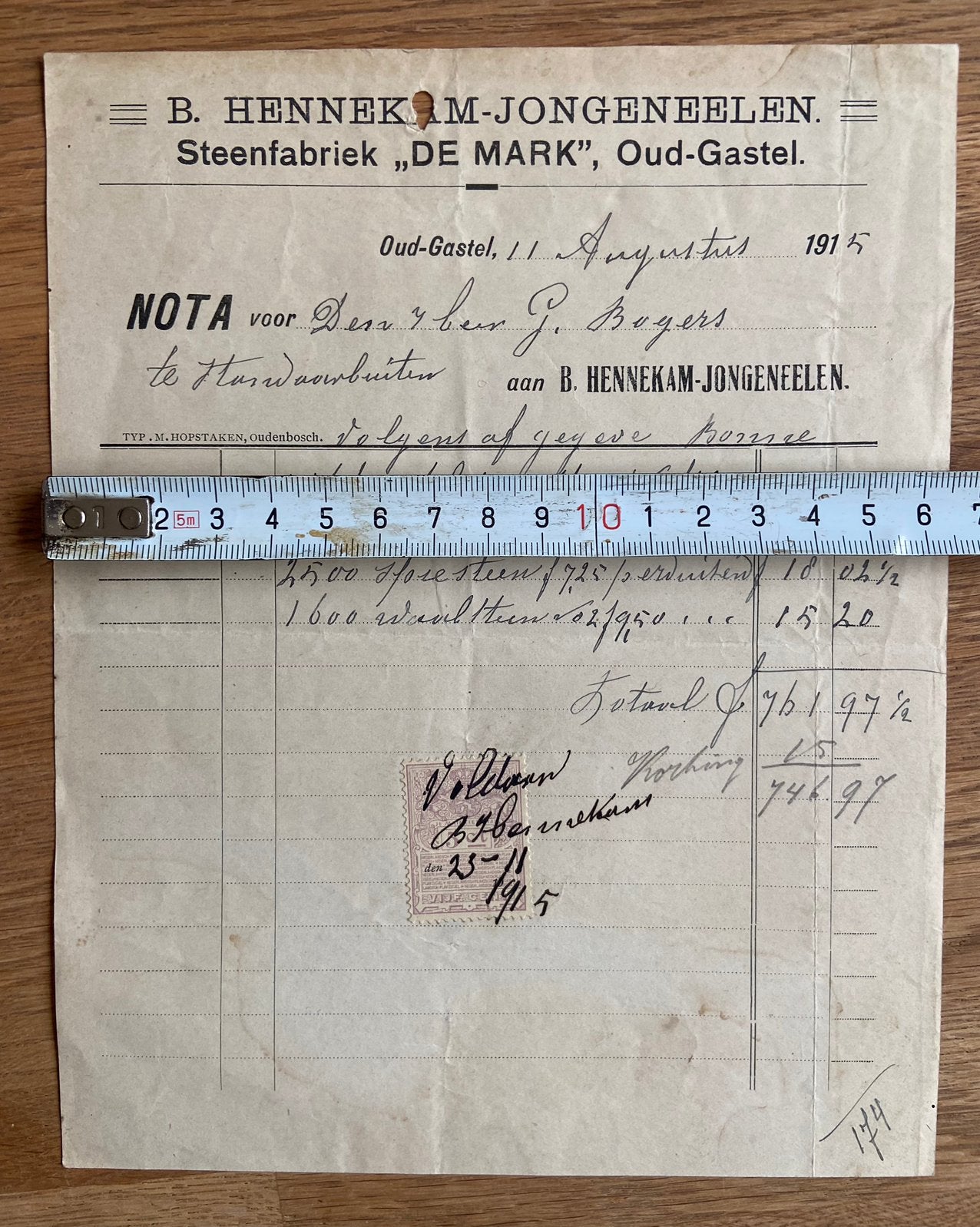 Oud Gastel 1915 oude factuur steenfabriek Mark, Verzenden, Voor 1920, Noord-Brabant