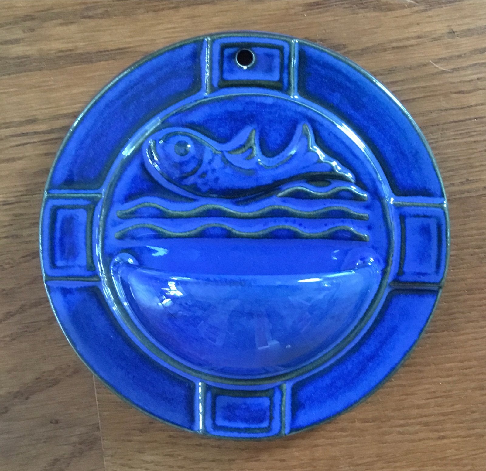 Kobaltkleurig Wijwaterbakje met Vis en Water jaren 40/50, Ophalen of Verzenden
