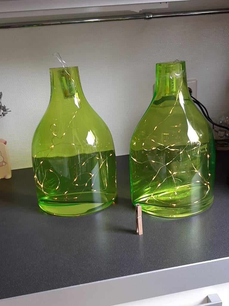 Grote groene decoratieve halve flessen met verlichting, Ophalen, Minder dan 50 cm, Groen, Glas