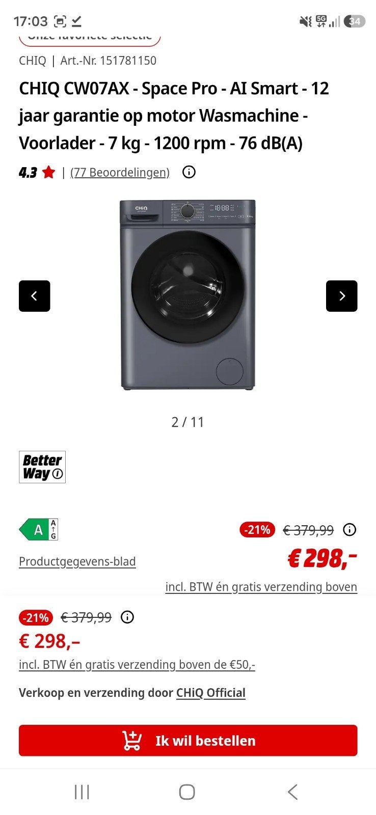 Wasmachine 7 kilo  nieuw in doos met bon, Nieuw, Ophalen of Verzenden, 85 tot 90 cm, 1200 tot 1600 toeren