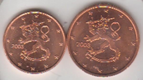 Finland 1 en 2 eurocent 2003 beide UNC, Ophalen of Verzenden, Finland, Overige waardes, Setje