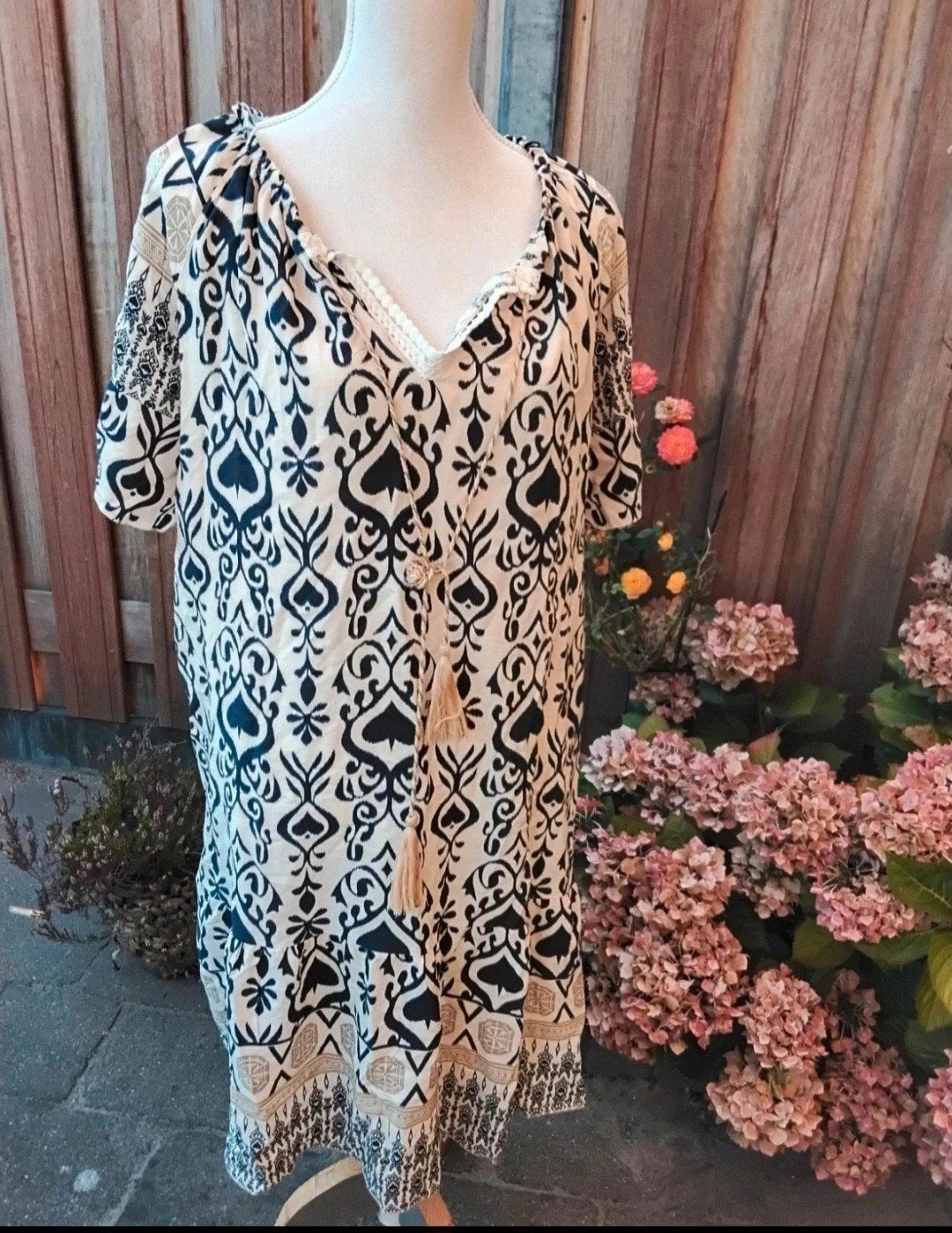 Boho jurkje creme blauw 1 maat, Beige, Maat 42/44 (L), Ophalen of Verzenden, Knielengte