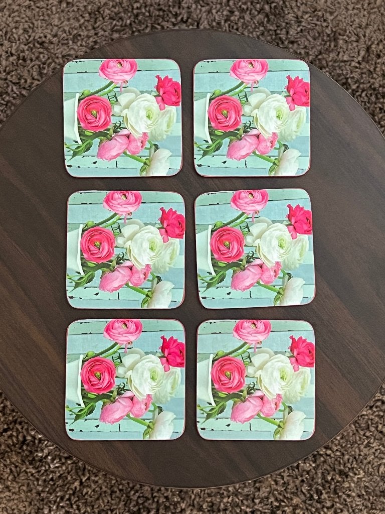 6 leuke onderzetters hout met bloemen, Hout, Glasonderzetter, Ophalen of Verzenden, Meerkleurig