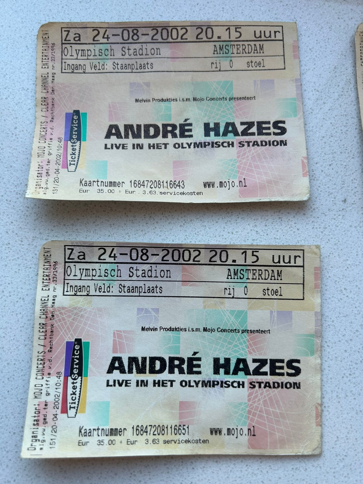 Concert kaarten andre hazes sr olympisch stadion 2002, Verzamelen, Ophalen of Verzenden, Zo goed als nieuw, Foto of Kaart