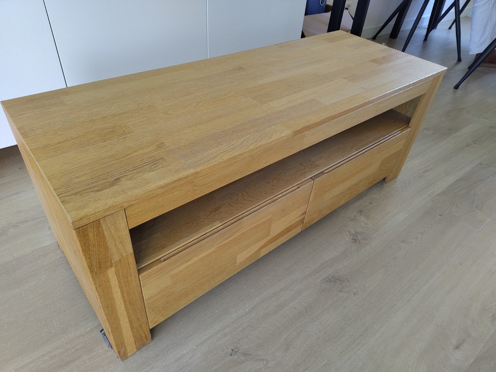 Eiken tv-meubel met lades - woood, Ophalen, Gebruikt, 100 tot 150 cm, Eikenhout