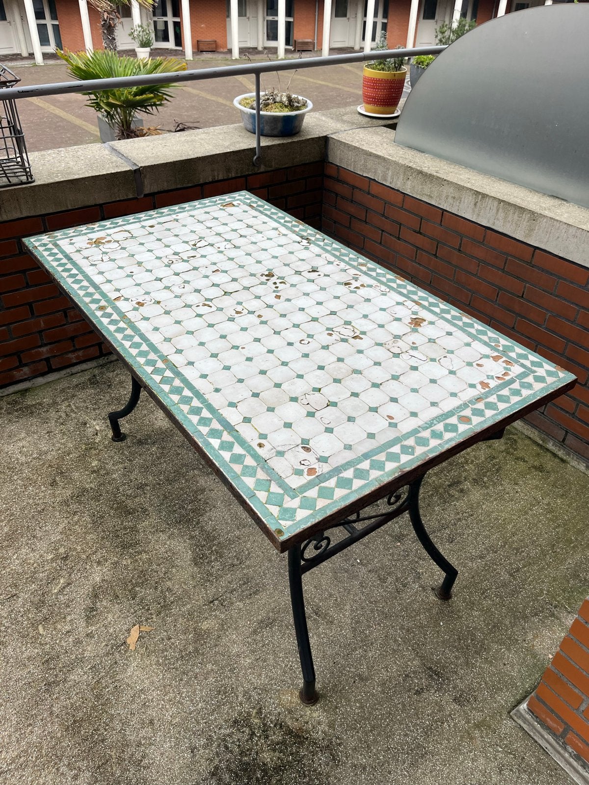 Vintage tuintafel met mozaïek blad, Ophalen, Gebruikt, Rechthoekig, Metaal