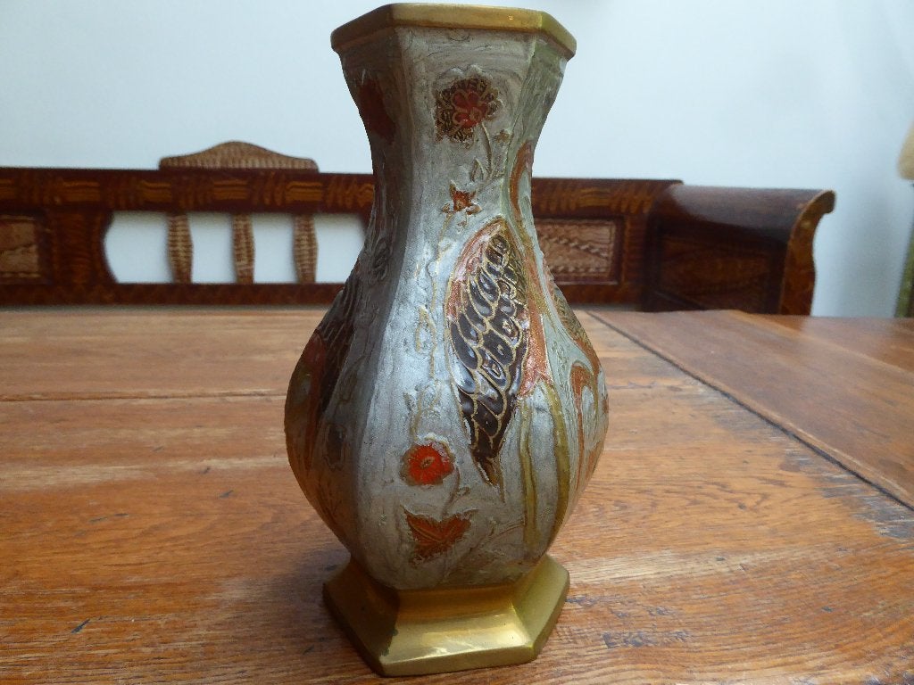Vintage emaille op koper vaasje in art nouveau stijl, Ophalen of Verzenden