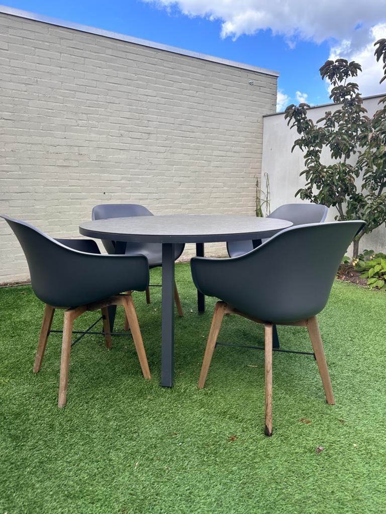 Tuinset (ronde tafel dia 120cm) incl. 4 stoelen, Tuin en Terras, Ophalen, Gebruikt, Eettafel, Tuinset