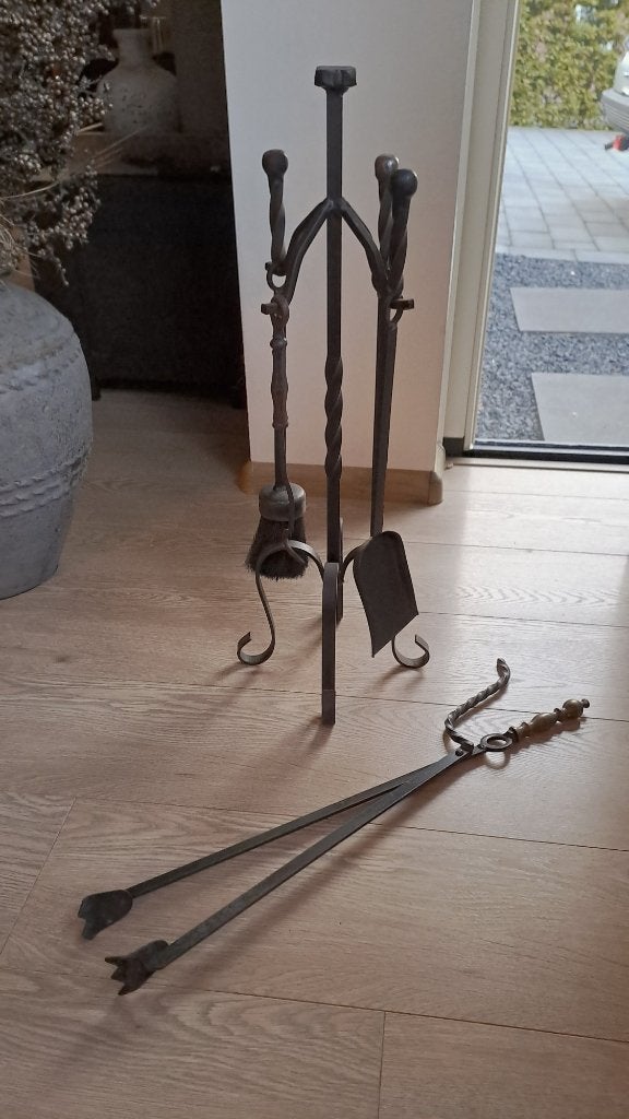 Vintage antiek 6-delig smeedijzeren haardstel, Ophalen of Verzenden