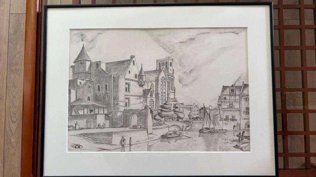 Tekening van ‘oud Rotterdam’ - Laurenskerk, Ophalen, Tekening, Achter glas