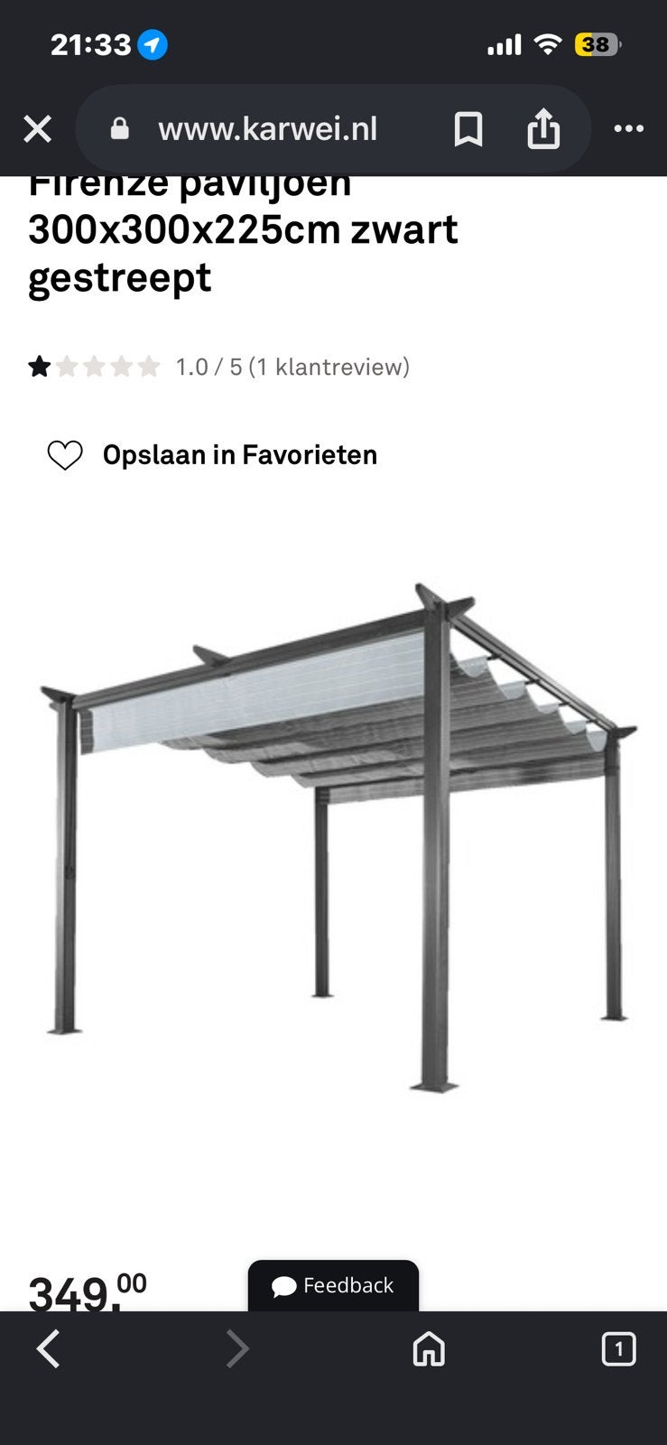 Tuinpaviljoen firenze 3x3 nieuw, Ophalen, Zo goed als nieuw, Tuinpaviljoen
