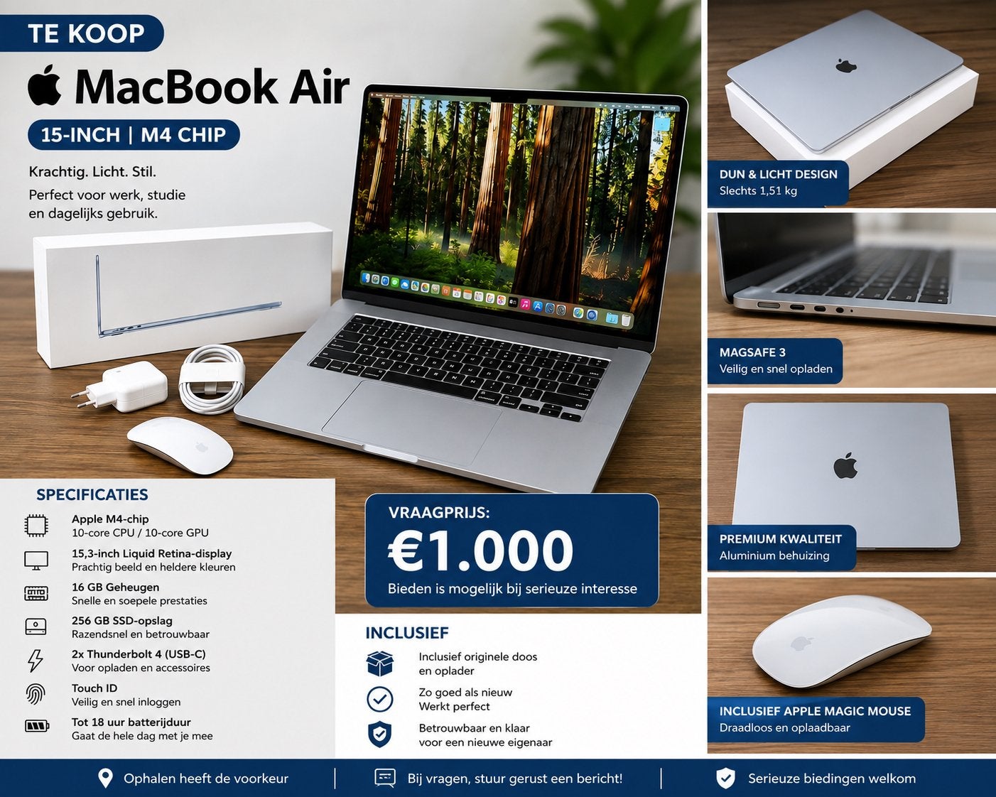Apple MacBook Air15 - inch M4- 16GB/256GB + Apple Mouse, Ophalen, Apple, Zo goed als nieuw, Apple