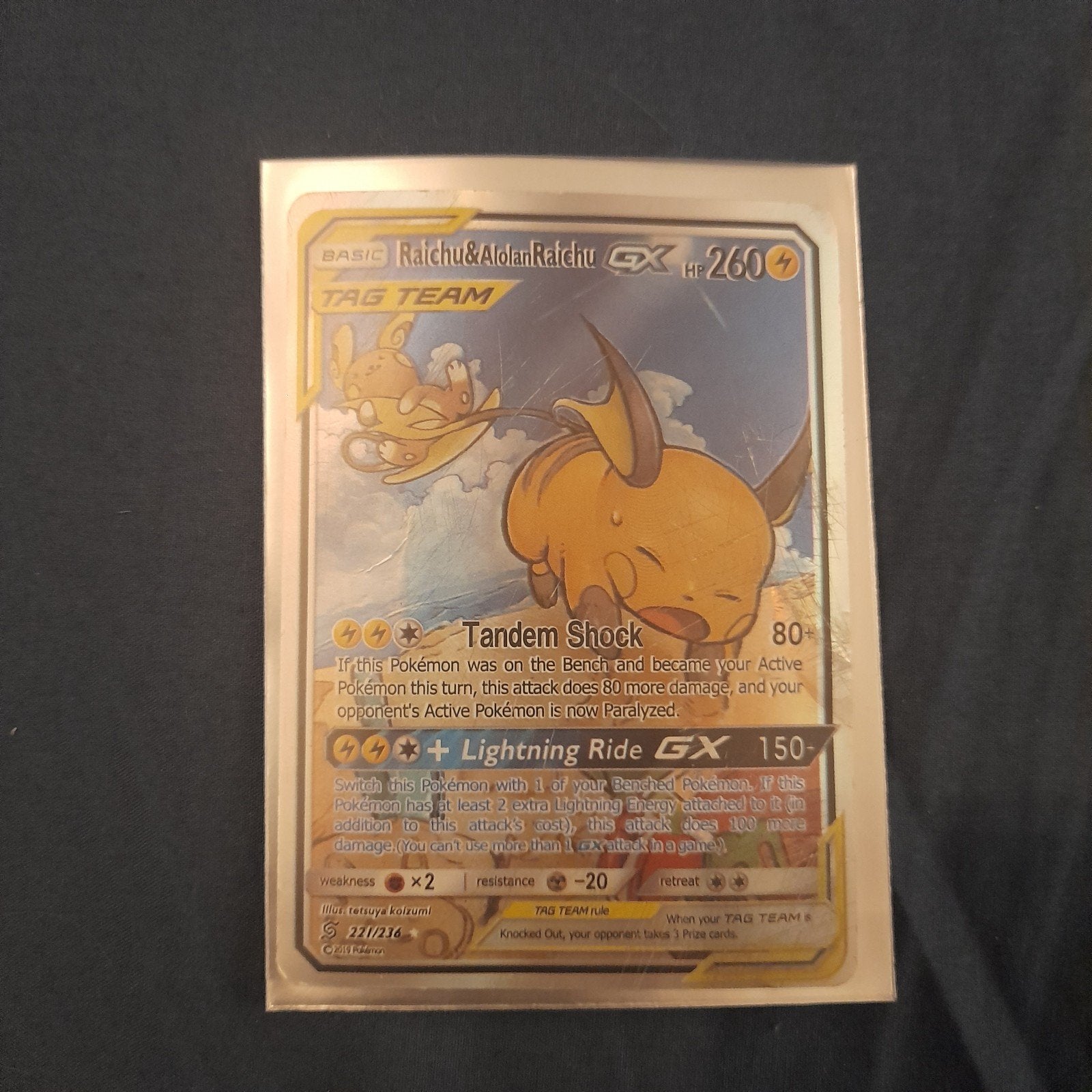 Raichu & Alolan Raichu GX Pokémon Kaart (Foil), Ophalen of Verzenden, Gebruikt, Losse kaart, Foil