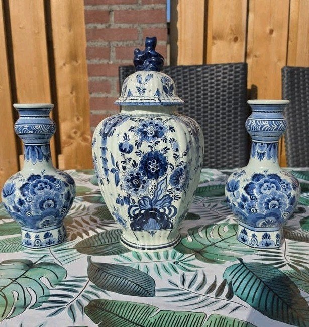 Prachtig Delfts Blauw Gemberpot en Vazen Set, Ophalen