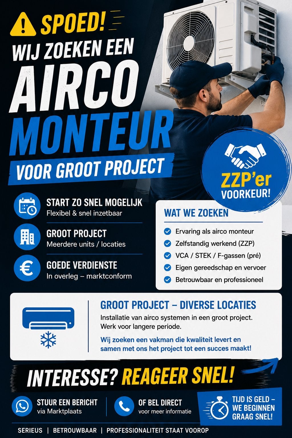 SPOED Ervaren ZZP Aircomonteur gezocht voor groot project!