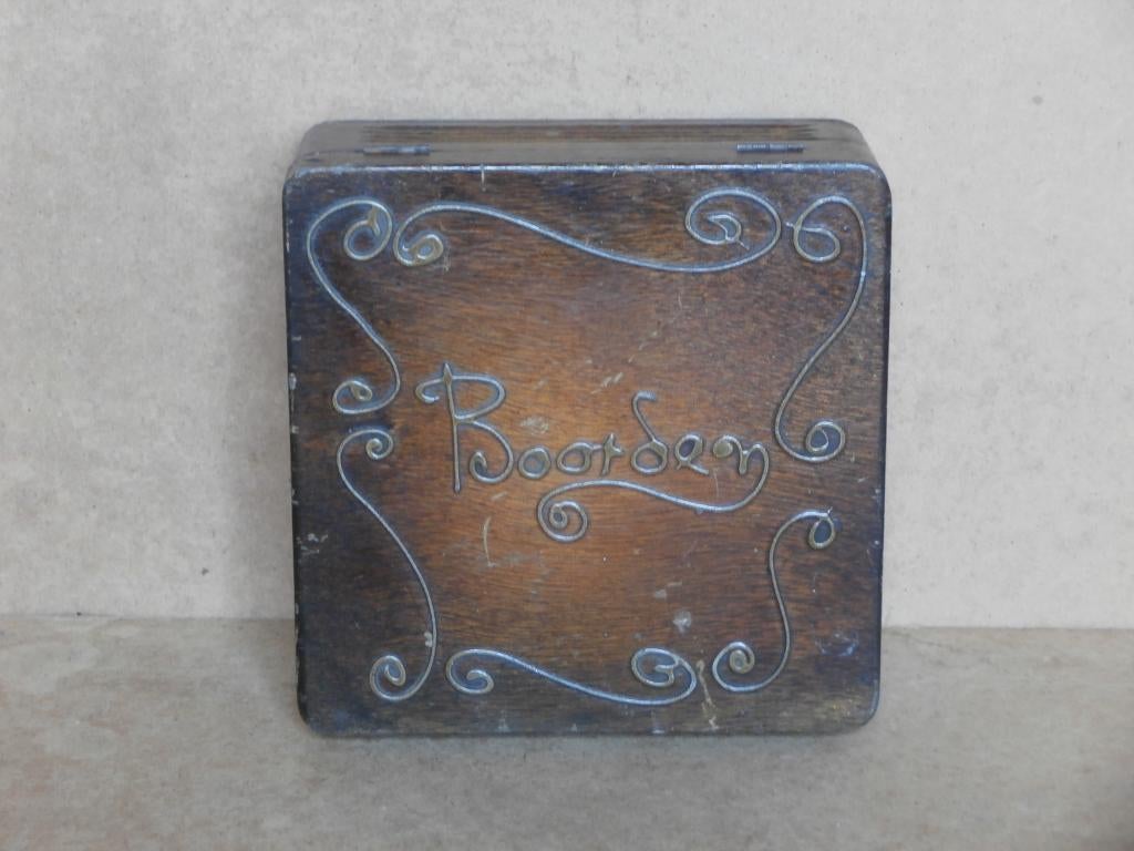 Antiek hout kistje hals Boorden ingelegd koperen deco '20/30, Antiek en Kunst, Ophalen of Verzenden