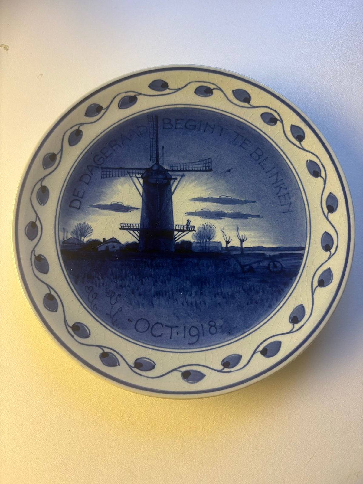 Antiek Delfts Blauw Wandbord - Molenlandschap 1918, Ophalen of Verzenden