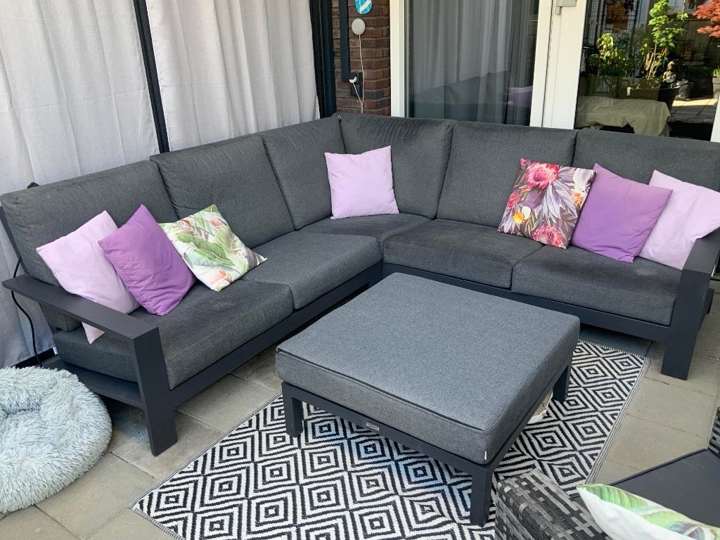 loungebank+ grote hocker  plus lounge stoel plus sierkussens, Ophalen, Gebruikt, Aluminium, Loungeset