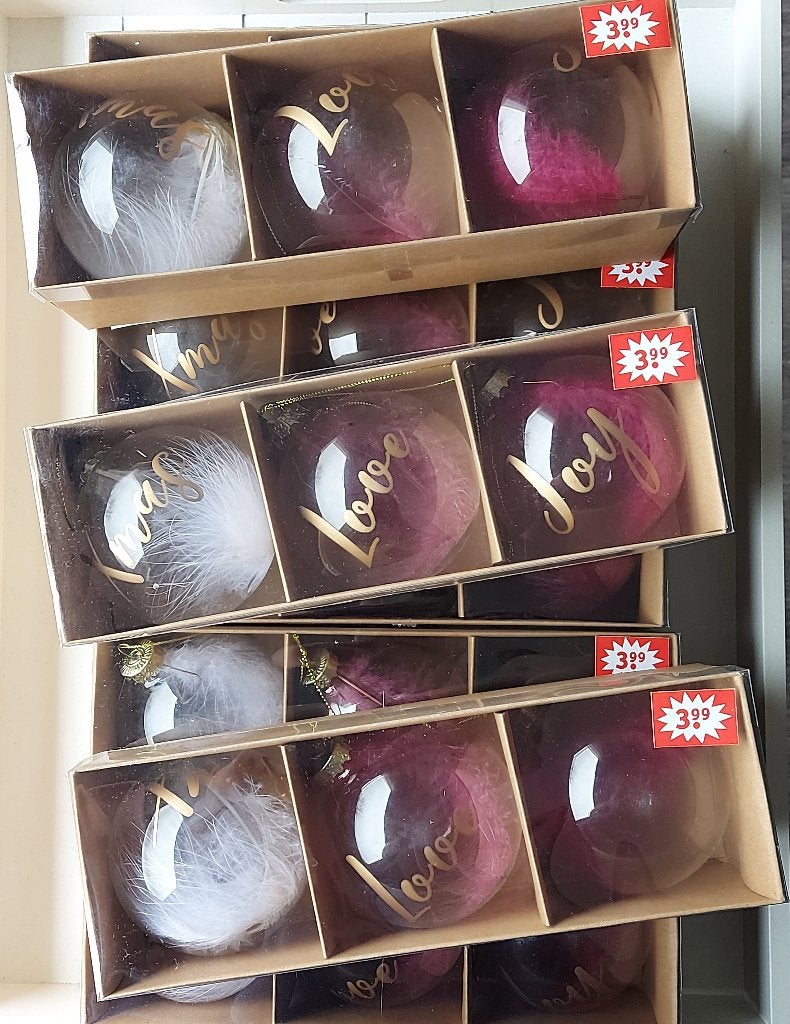 Glazen Kerstballen met veer/opdruk Xmas-Love-Joy/p st 2 Euro, Ophalen, Nieuw