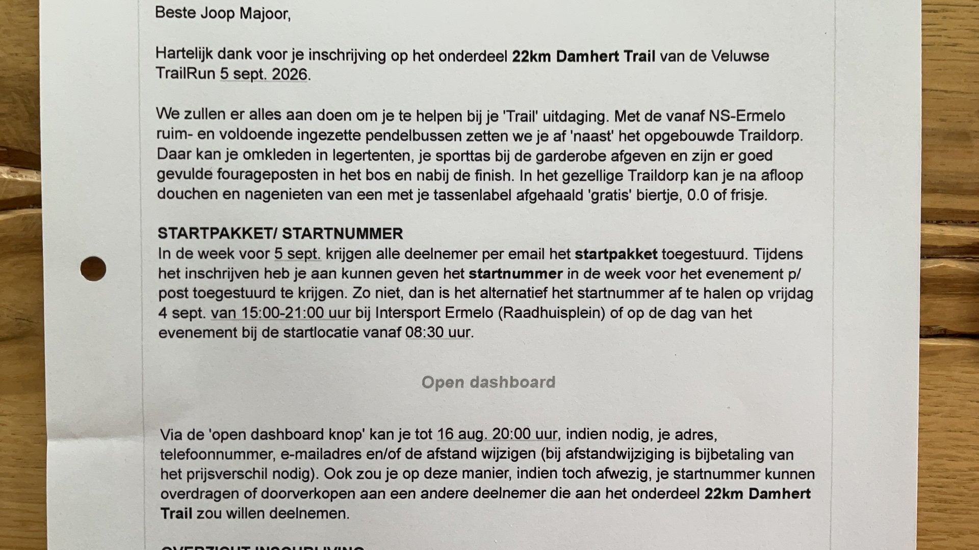 Startbewijs Damhert Trail 22 km, Boeken, Ophalen of Verzenden, Zo goed als nieuw