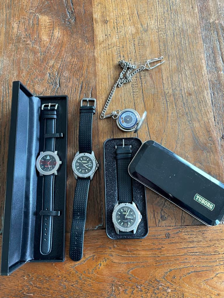 4 Reclame Horloges: Tuborg, Castellblanch & Zakhorloge, Overige merken, Staal, Polshorloge, Ophalen of Verzenden