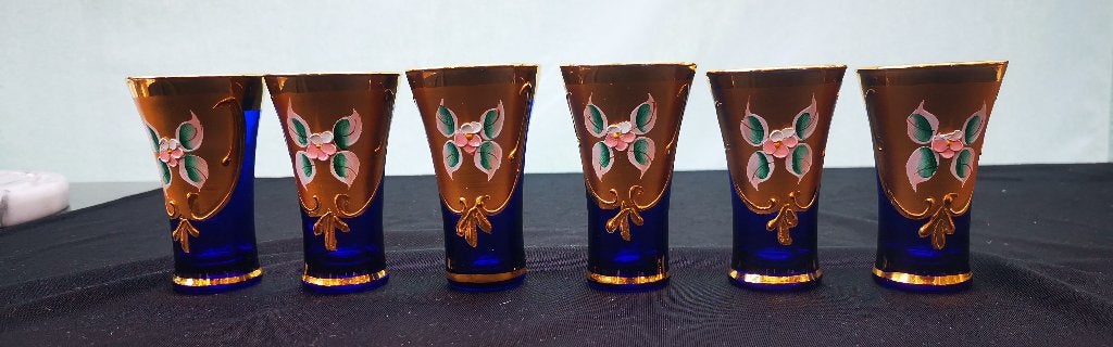 6 Italiaans Murano likeur borrel glazen goud handgeschilderd, Ophalen of Verzenden