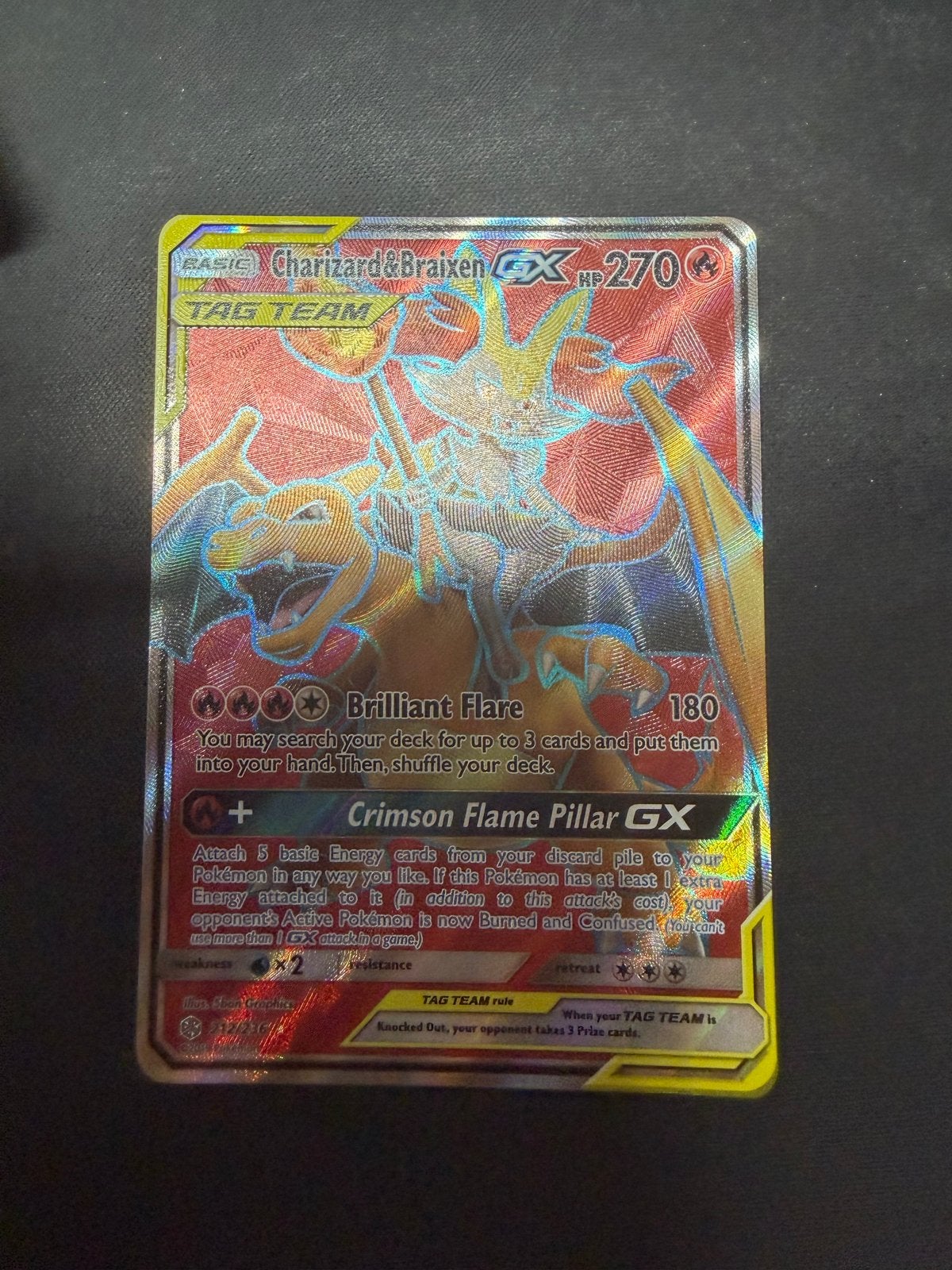 Charizard & Braixen GX TAG TEAM Pokémon Kaart (Foil), Ophalen of Verzenden, Zo goed als nieuw, Losse kaart, Foil