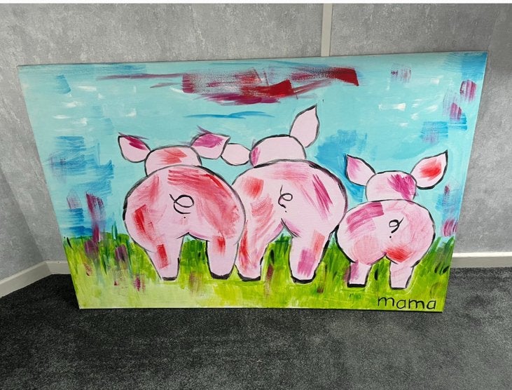 Canvas schilderij met varkens 115x75cm, Ophalen, Gebruikt, Schilderij, 100 tot 125 cm