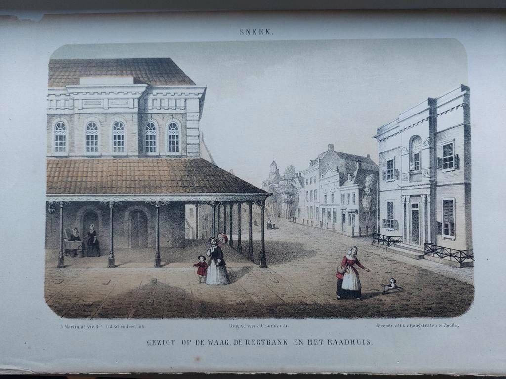 15 / Sneek De Waag Rechtbank en Raadhuis Litho uit 1860, Antiek en Kunst, Ophalen of Verzenden