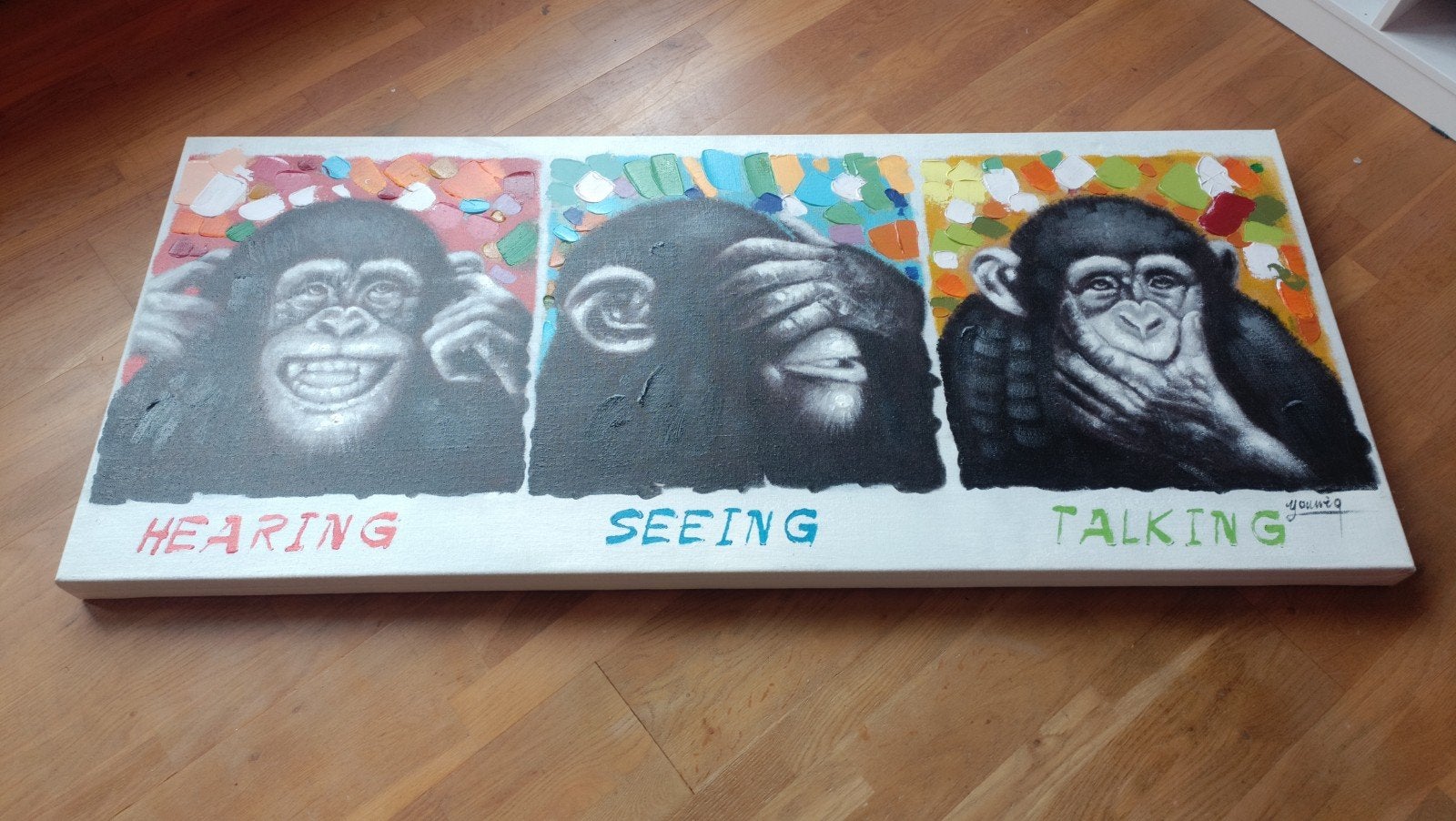 Drie Apen: Horen, Zien, Zwijgen - Modern Schilderij, Ophalen, Overige stijlen, Doek, Overige technieken
