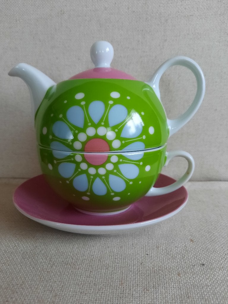 Tea 4 One set theepot met kopje en schotel groen/blauw/roze, Overige typen, Nieuw, Ophalen of Verzenden, Overige stijlen