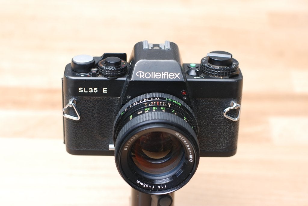 Zwarte Rolleiflex SL35 E – Rolleinar MC 55mm f/1.4, Audio, Tv en Foto, Fotocamera's Analoog, Ophalen of Verzenden, Gebruikt, Spiegelreflex