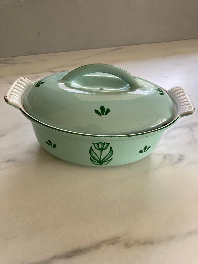 Vintage Dru Holland gietijzeren pan met deksel - Groen, Ophalen of Verzenden