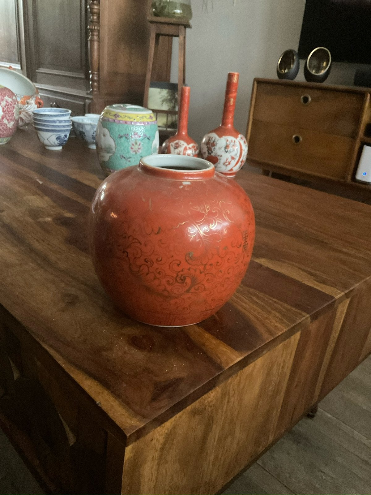 rood/goud Chinees potje / vaasje (14 cm) Vintage export, Ophalen of Verzenden