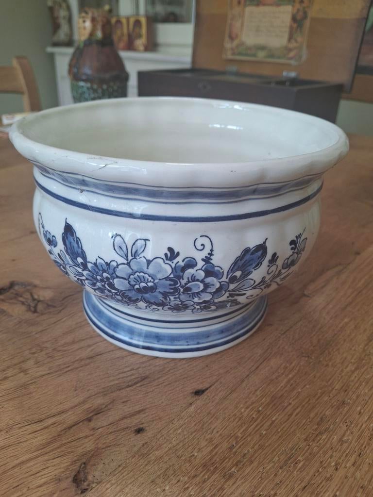 Antieke Blauw Delfts Handgeschilderde Bloempot, Antiek en Kunst, Ophalen of Verzenden