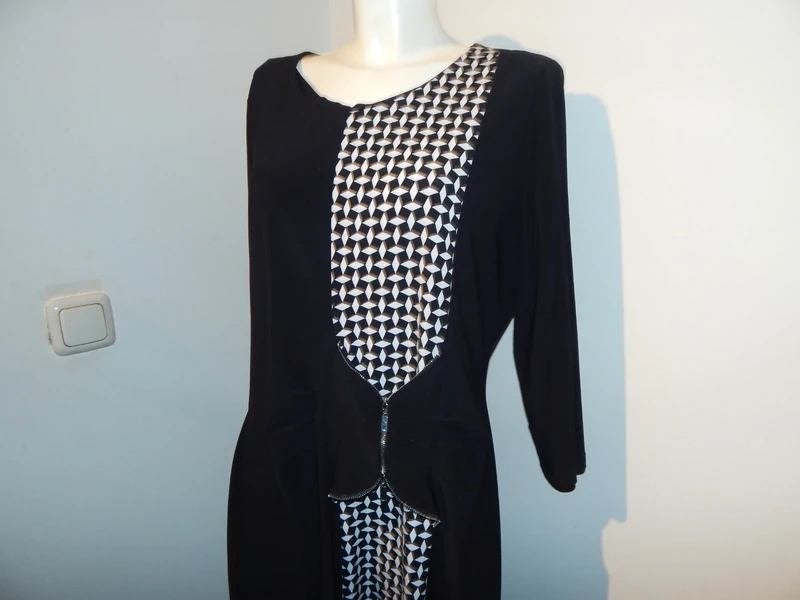 Joseph Ribkoff stretch jurk zwart wit voorkant sier rits 44, Verzenden, Zwart, Maat 42/44 (L), Joseph Ribkoff