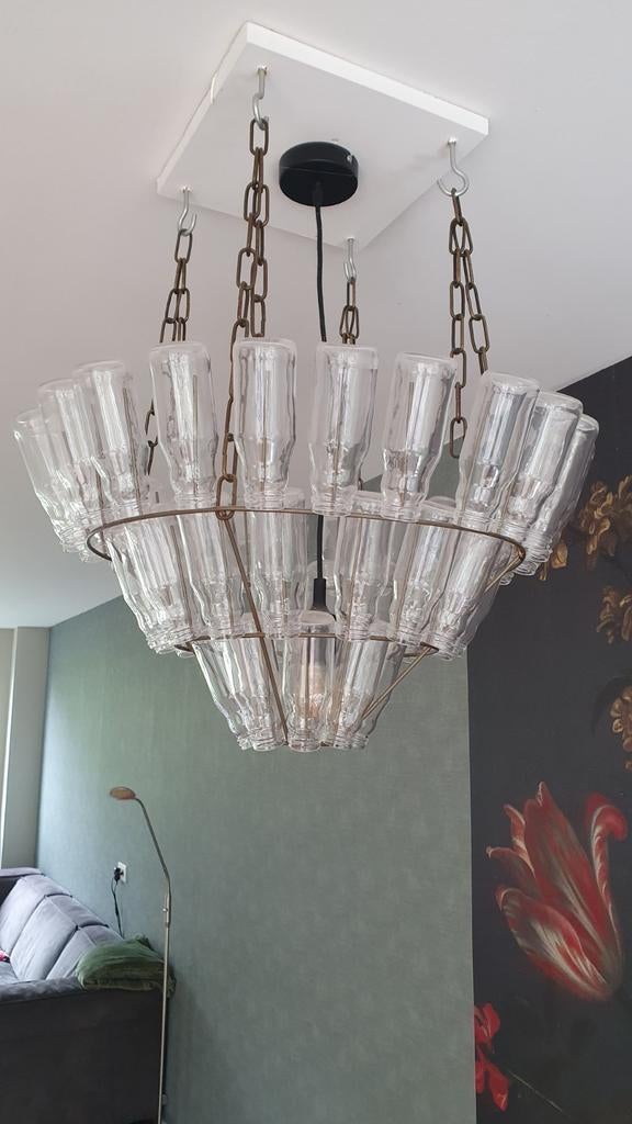 Hanglamp van Gerecyclede Flessen, Huis en Inrichting, 50 tot 75 cm, Ophalen of Verzenden, Zo goed als nieuw, Glas