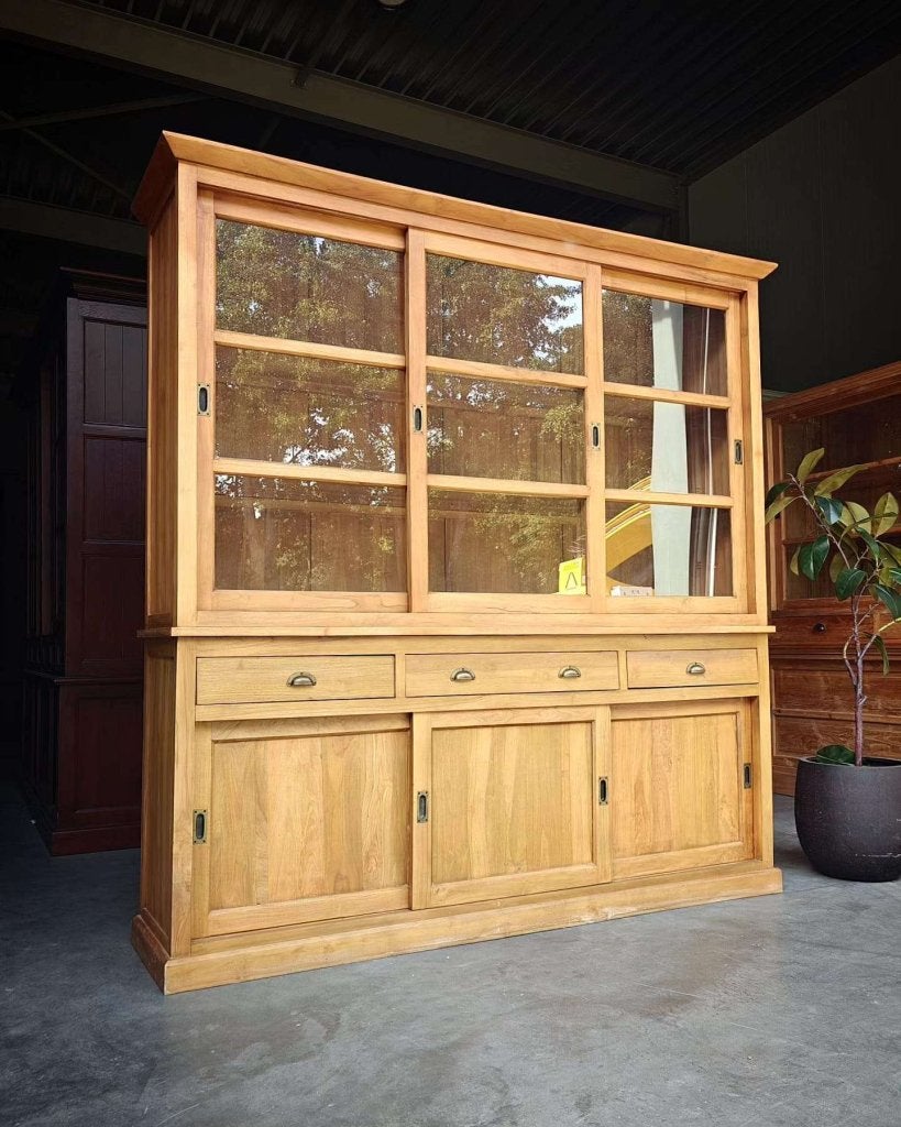 Prachtige grote vitrinekast | Servieskast teakhout #8058, Gebruikt, -, 200 cm of meer, -