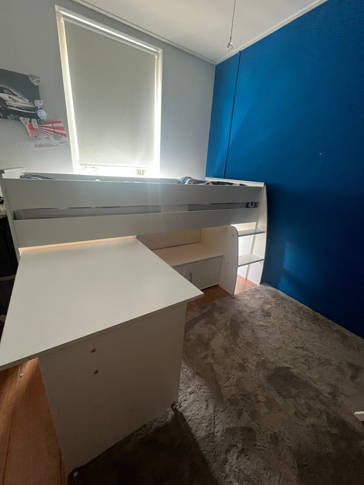 Witte Halfhoogslaper met Bureau en Kast - Inclusief Instruct, Ophalen, Gebruikt, 90 cm, Eenpersoons