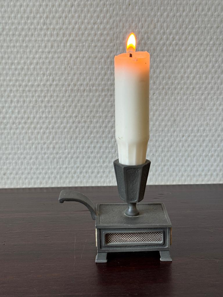 Antiek Tinnen Kandelaar Blaker, Kaarsenhouder, Luciferdoosje, Ophalen of Verzenden