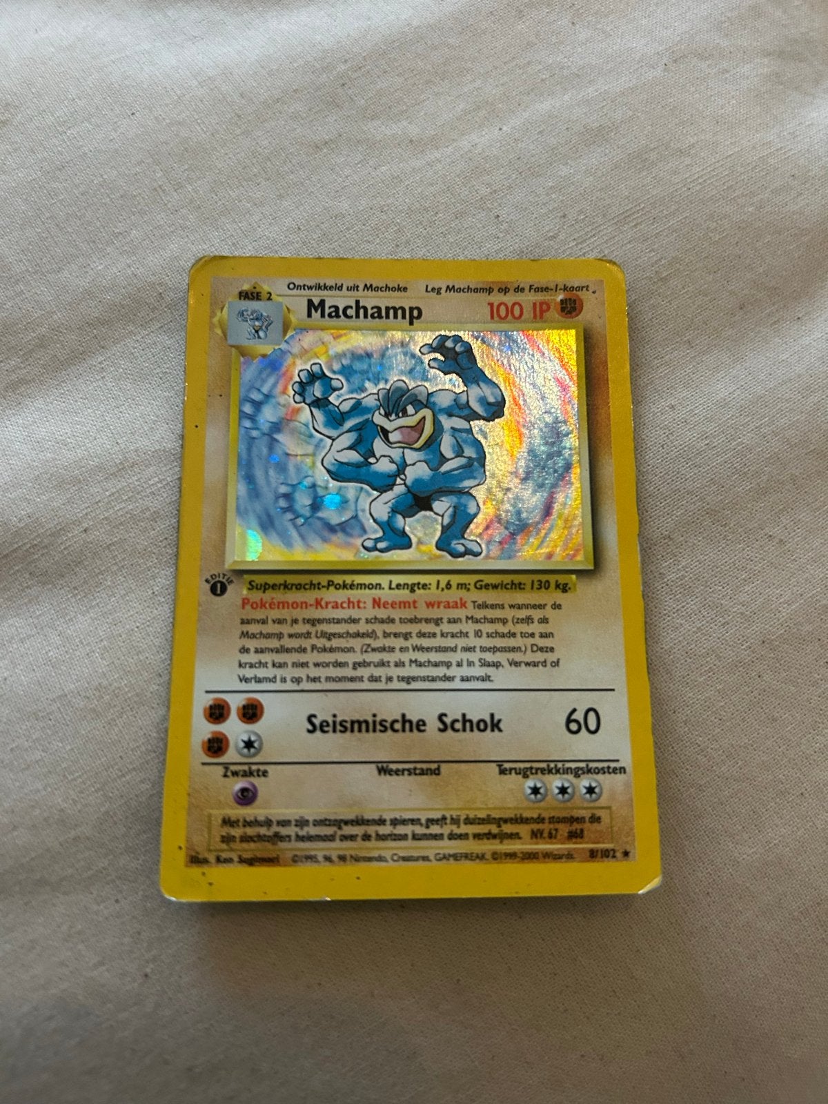 Machamp Pokémon kaart - Holografisch - Vintage, Hobby en Vrije tijd, Verzenden, Gebruikt, Losse kaart, Foil