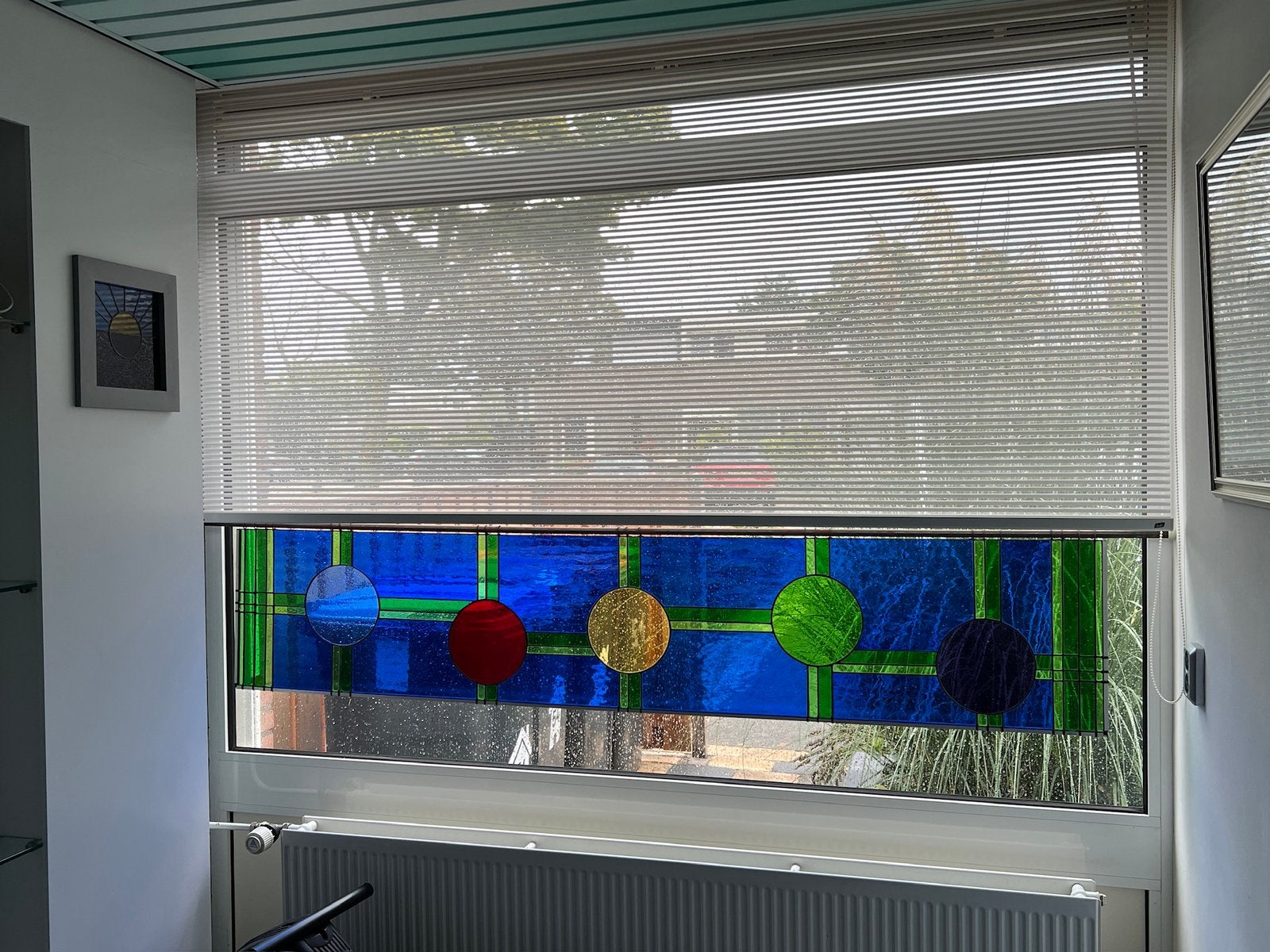 Glas in loodraam aan stalen buis, Ophalen, Gebruikt, Glasplaat, 160 cm of meer